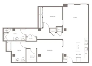 Elegant floor plan showcasing 2 bedrooms, 2 baths, spacious living area, and modern kitchen with island, ideal for comfortable living.
