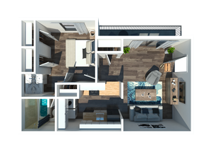 Contemporary 3D apartment floor plan showcasing 1 bedroom, open living area, modern kitchen, and sleek bathroom with stylish decor.