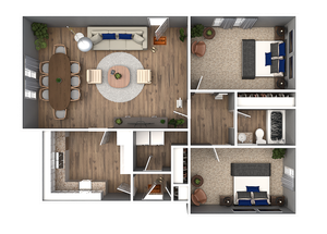 Chic 3D floor plan showcasing two spacious bedrooms, a modern kitchen, elegant dining area, and cozy living room with stylish decor.