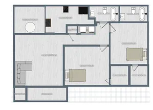 Contemporary floor plan showcasing 2 bedrooms, 2 bathrooms, open living area, modern kitchen, and cozy patio.