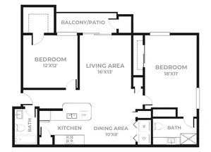 Two bedroom apartment floor plan featuring a central living area measuring 16 by 13 feet with access to a balcony or patio, a kitchen with island and adjacent dining area measuring 10 by 8 feet, two bathrooms, and two bedrooms sized 12 by 12 feet and 18 by 11 feet, along with in unit storage and laundry space.
