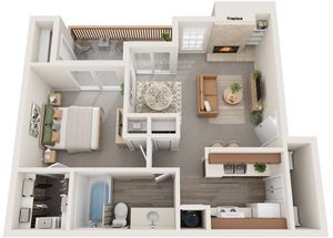 One Bedroom | One Bathroom | 667 sqft | Full-size Washer/Dryer Connections | Patio/Balcony w/Storage, | Walk-in Closet | Fireplace in select units