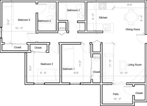Inviting floor plan showcasing 3 bedrooms, modern kitchen, and a spacious living room connected to a patio.