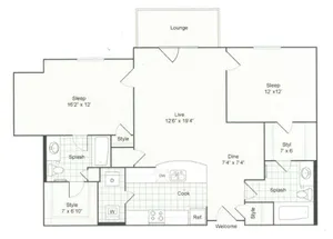 Elegant floor plan showcasing a spacious layout with two bedrooms, an inviting living room, modern kitchen, and two stylish bathrooms. Perfect for luxurious living.