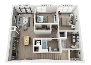 The Purcell 2-bedroom, 2-bathroom, 1,068-square-foot floor plan with private rooftop terrace at Woodburn Exchange.
