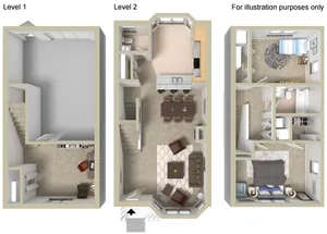 Elegant 3-level floor plan featuring a spacious living room, modern kitchen, and three bedrooms.