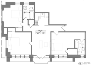 Contemporary 3-bedroom floor plan featuring open living space, modern kitchen, and stylish bathrooms on the tenth floor.