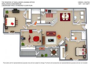 Vibrant 3-bedroom floor plan at Knollwood Condominium, featuring a spacious living room, modern kitchen, and elegant dining area within 1207-1231 sq ft.