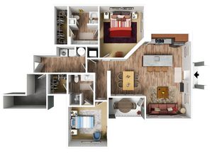 Modern floor plan showcasing 2 bedrooms, open kitchen with island, cozy living room, and functional dining area.