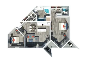 Modern 3D floor plan featuring two cozy bedrooms, a sleek open-concept kitchen and living area, spacious bathrooms, and stylish storage solutions.
