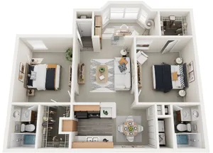 Bright 3D floor plan showcasing 2 bedrooms, spacious living room, and a stylish kitchen with adjacent dining area.