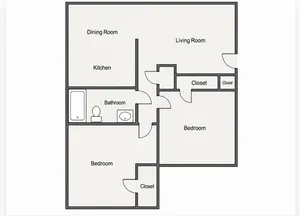 Modern 2-bedroom floor plan with dining room, spacious living area, and well-appointed kitchen.