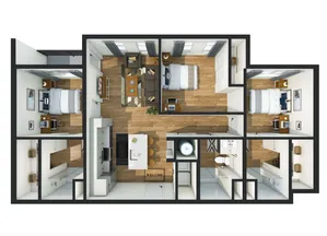 Modern 3D floor plan featuring 3 bedrooms, inviting open-concept living area, sleek kitchen, and elegant bathrooms.
