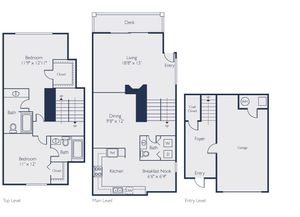 2 x 2.5 | 1446 SF | Floor plan map for a two bedroom unit at our apartments for rent in Marlborough, featuring labeled rooms with dimensions.