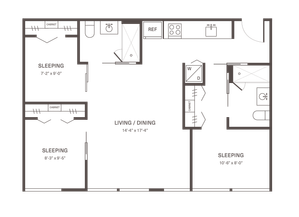 Chic floor plan layout featuring three cozy sleeping areas, a spacious living/dining room, and a modern kitchen, perfect for comfortable living and entertaining.