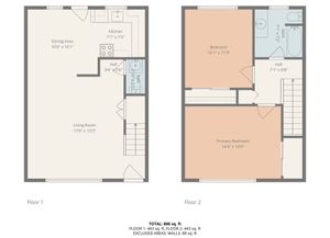 Charming two-story floor plan featuring a spacious living room, dining area, and kitchen on the first floor, with two comfortable bedrooms and a bath upstairs, totaling 886 sq ft.