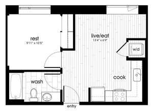 Cozy one bedroom apartment floor plan with clear living and cooking areas, including rest and wash spaces.