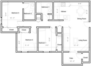 Elegant floor plan with 3 bedrooms, 2 bathrooms, open kitchen, dining area, inviting living room, and a cozy patio.