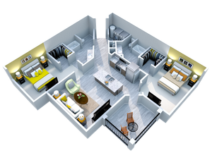 Modern 3D floor plan showcasing a stylish two-bedroom apartment with a spacious open-concept living area, a sleek kitchen island, and cozy outdoor patio.