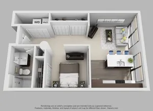 Modern studio apartment floor plan featuring an open-concept living room and kitchen, spacious bathroom, and in-unit laundry.