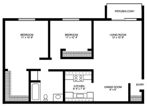2 Bedroom, 1 Bathroom Floor Plan at Willow Hill Apartments in Justice IL