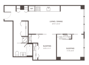 Modern 2D floor plan highlighting 2 cozy bedrooms, a spacious living/dining area, and a sleek kitchen layout.