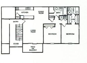 Inviting floor plan showcasing a modern layout with two bedrooms, a spacious living room, dining area, and a well-equipped kitchen. Includes patio or balcony access for enhanced outdoor living.