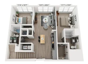 The DeSales 2-bedroom, 2-bathroom floor plan ranging from 1,043 to 1,080 square feet at Woodburn Exchange.