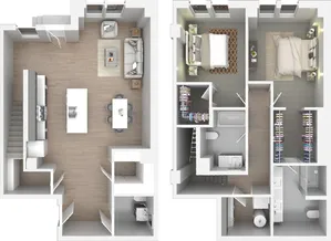 Modern two-story floor plan showcasing an open-concept living and dining area with kitchen, alongside two upstairs bedrooms, each with ample closet space and a shared bathroom.