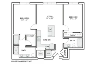 1053 square foot two bedroom two bath apartment floorplan image