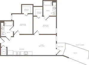 904 square foot two bedroom two bath floorplan image