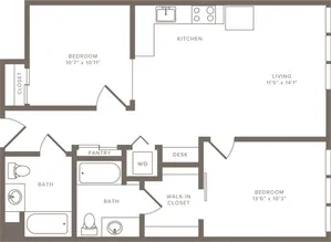 929 square foot two bedroom two bath floorplan image