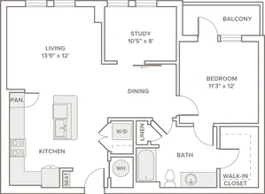 933 to 991 square foot one bedroom one bath apartment floorplan image