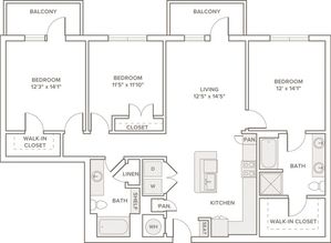 1394 square foot three bedroom two bath apartment floorplan image