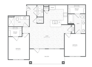 Modern apartment floor plan featuring 2 spacious bedrooms, open-concept living area, and a large balcony.