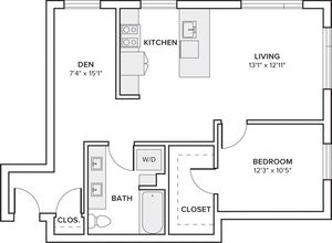 851-856 square foot one bed one bath with den floor plan in Seattle, WA