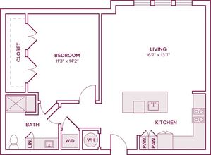 792 square foot one bedroom one bath apartment floor plan in Houston, TX