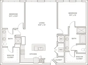 1496 square foot two bedroom two bath apartment floorplan image