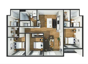 Modern 3-bedroom apartment floor plan with open living area and chic kitchen featuring an island and stylish design elements.