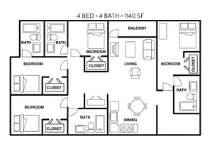 Elegant floor plan showcasing 4 bedrooms and 4 baths with spacious living and dining areas, plus a charming balcony in a 1140 sq ft layout.