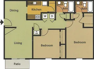 Inviting floor plan featuring two bedrooms, two baths, open dining and living areas, and a cozy kitchen with patio access.
