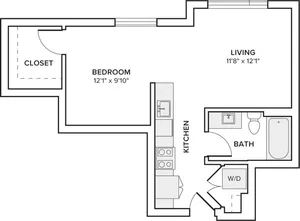 569-573 square foot studio one bath apartment floor plan in Seattle, WA