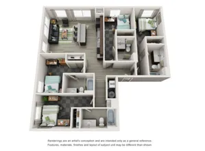 Modern 3D floor plan showcasing three cozy bedrooms, two elegant bathrooms, a sleek open-concept kitchen, and a welcoming living space.