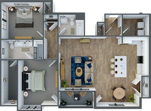Elegant 3D floor plan showcasing two bedrooms, two bathrooms, an open-concept living room, and a modern kitchen with island seating.