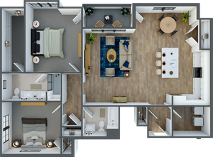 Modern floor plan showcasing a spacious open-concept living area, two elegant bedrooms, a stylish kitchen with an island, and two luxurious bathrooms, completed with a cozy balcony.