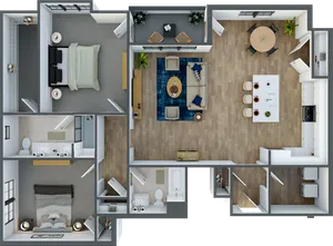Modern floor plan showcasing 2 spacious bedrooms, an open-concept living and dining area, and a sleek kitchen with a center island.