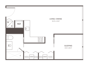 Modern apartment floor plan showcasing a spacious living and dining area, efficient kitchen layout, cozy sleeping space, and convenient bathroom facilities.