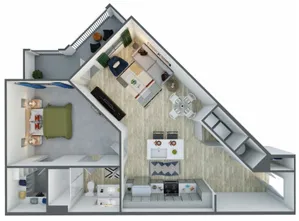 Contemporary floor plan showcasing 1 bedroom, vibrant living area, and modern kitchen with breakfast bar and cozy balcony.