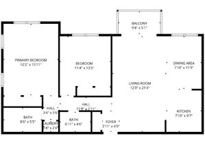 Chic apartment floor plan showcasing a spacious design with a primary bedroom, additional bedroom, expansive living room, dining area, and kitchen. Features include two baths, laundry space, and a cozy balcony for relaxation.