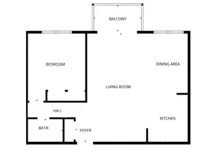 Contemporary floor plan showcasing a spacious living room, bedroom, dining area, and a modern kitchen with a balcony.